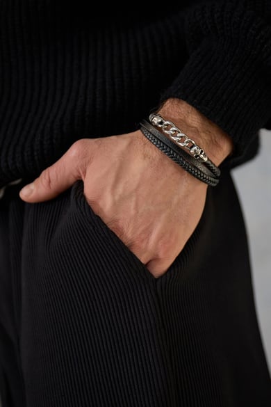 Herrenarmband geflochten mit Gliedern - Silber/Schwarz h5 Bild5